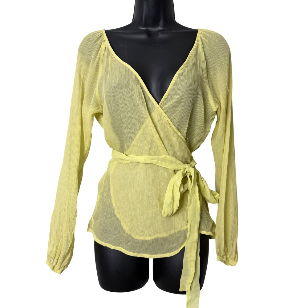 The Limited Silk Wrap Top Womens Medium Yellow Sheer Chiffon Vintage V Neck